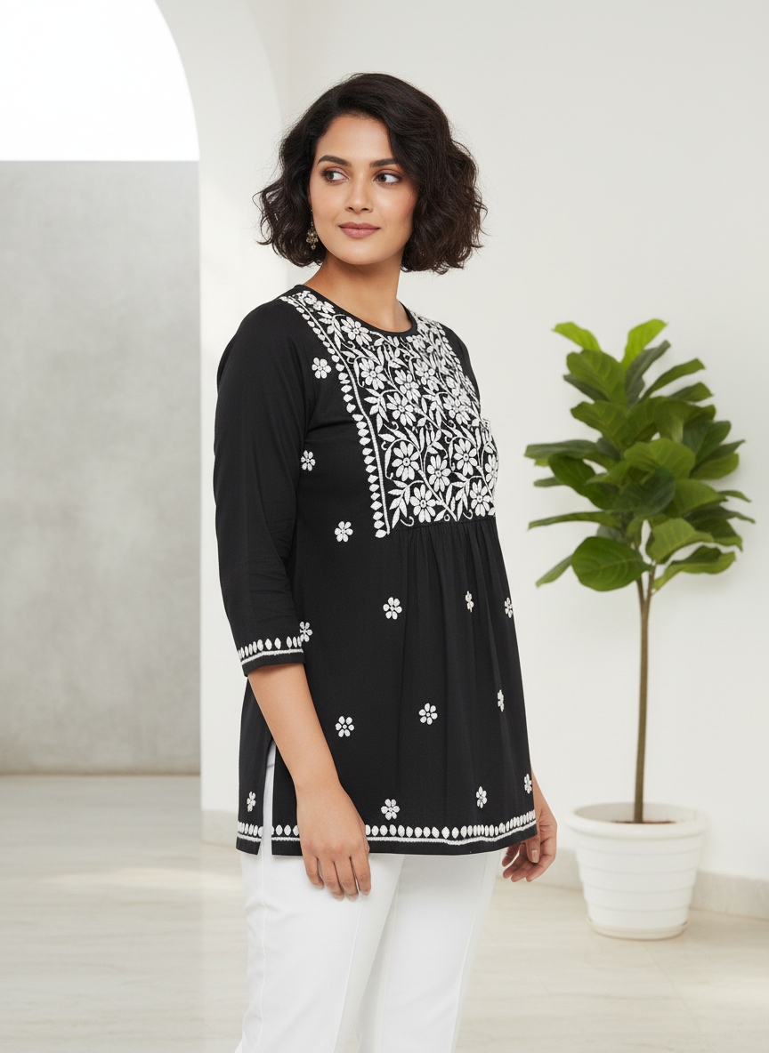 Chikankari Top for Women | Pure Cotton 27 Inch Kurti | Hand Embroidered Lucknowi Kurta
