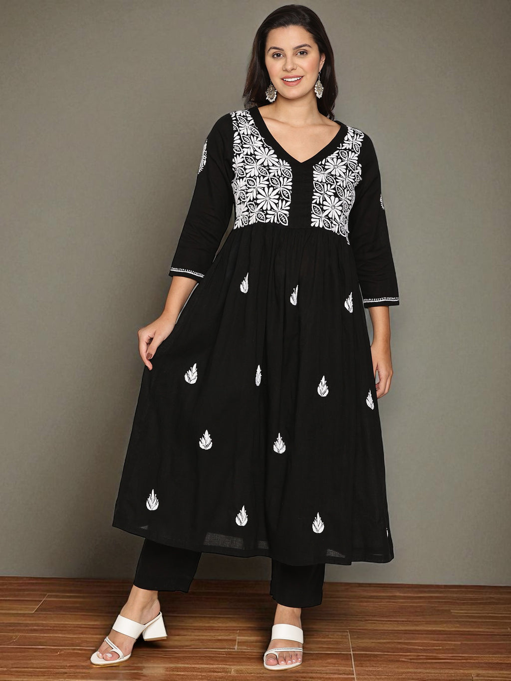 Black Cotton Chikankari V-Neck Kurta for Women | 3/4 Sleeves | 46 Inch Length