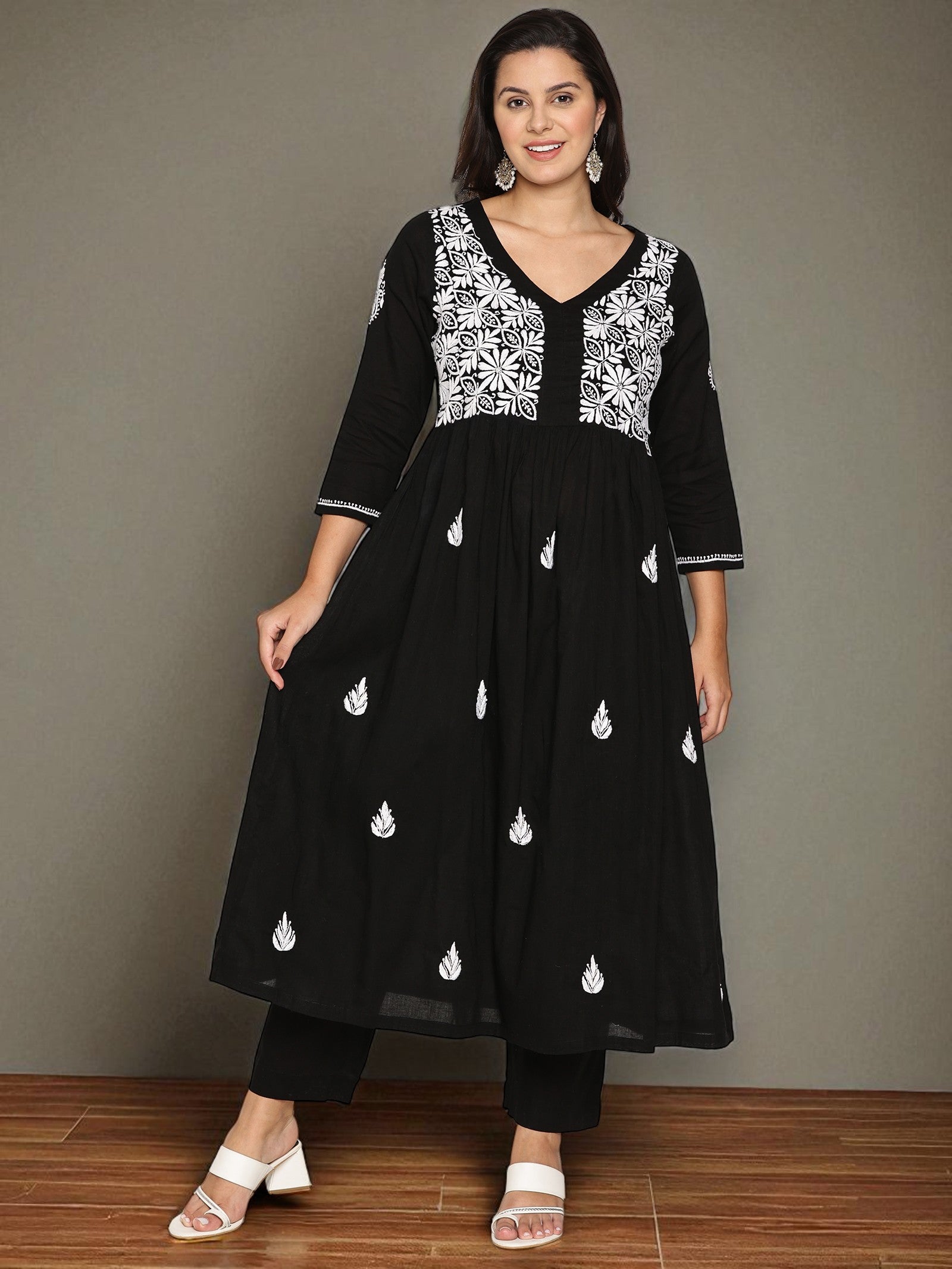 Black Cotton Chikankari V-Neck Kurta for Women | 3/4 Sleeves | 46 Inch Length