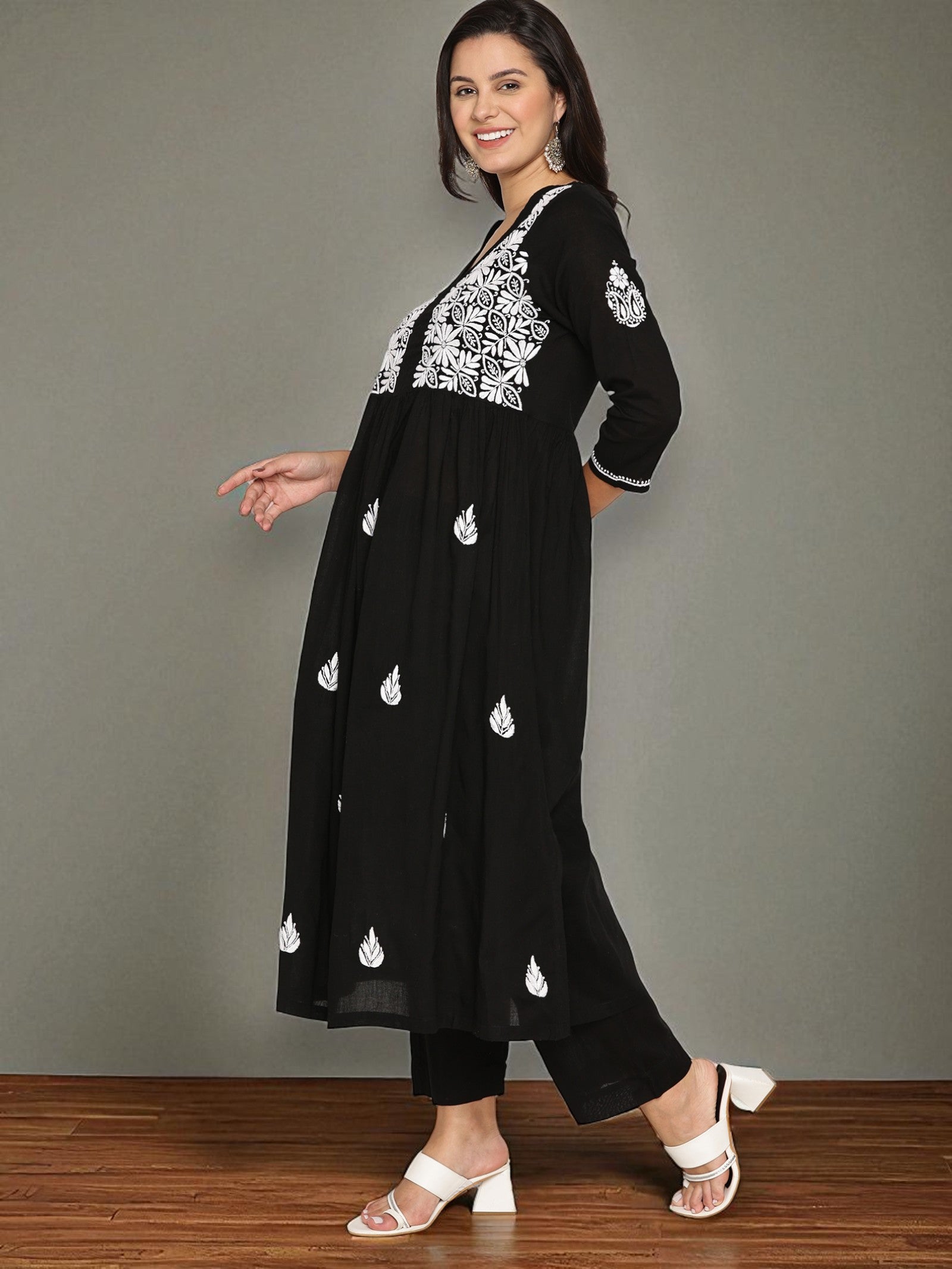 Black Cotton Chikankari V-Neck Kurta for Women | 3/4 Sleeves | 46 Inch Length