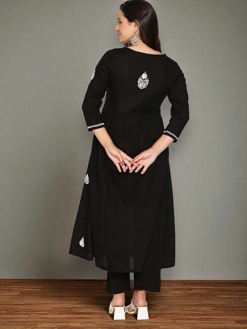 Black Cotton Chikankari V-Neck Kurta for Women | 3/4 Sleeves | 46 Inch Length