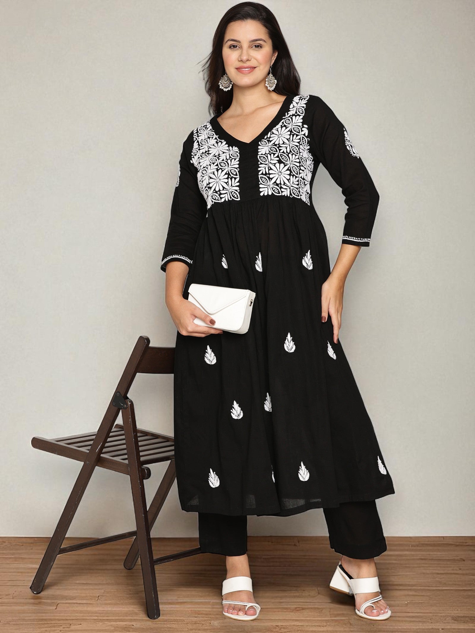 Black Cotton Chikankari V-Neck Kurta for Women | 3/4 Sleeves | 46 Inch Length