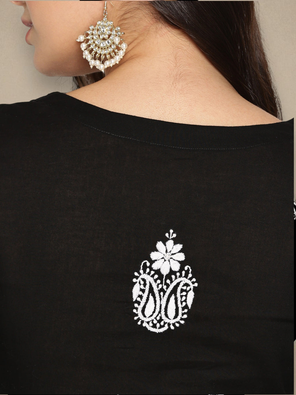 Black Cotton Chikankari V-Neck Kurta for Women | 3/4 Sleeves | 46 Inch Length