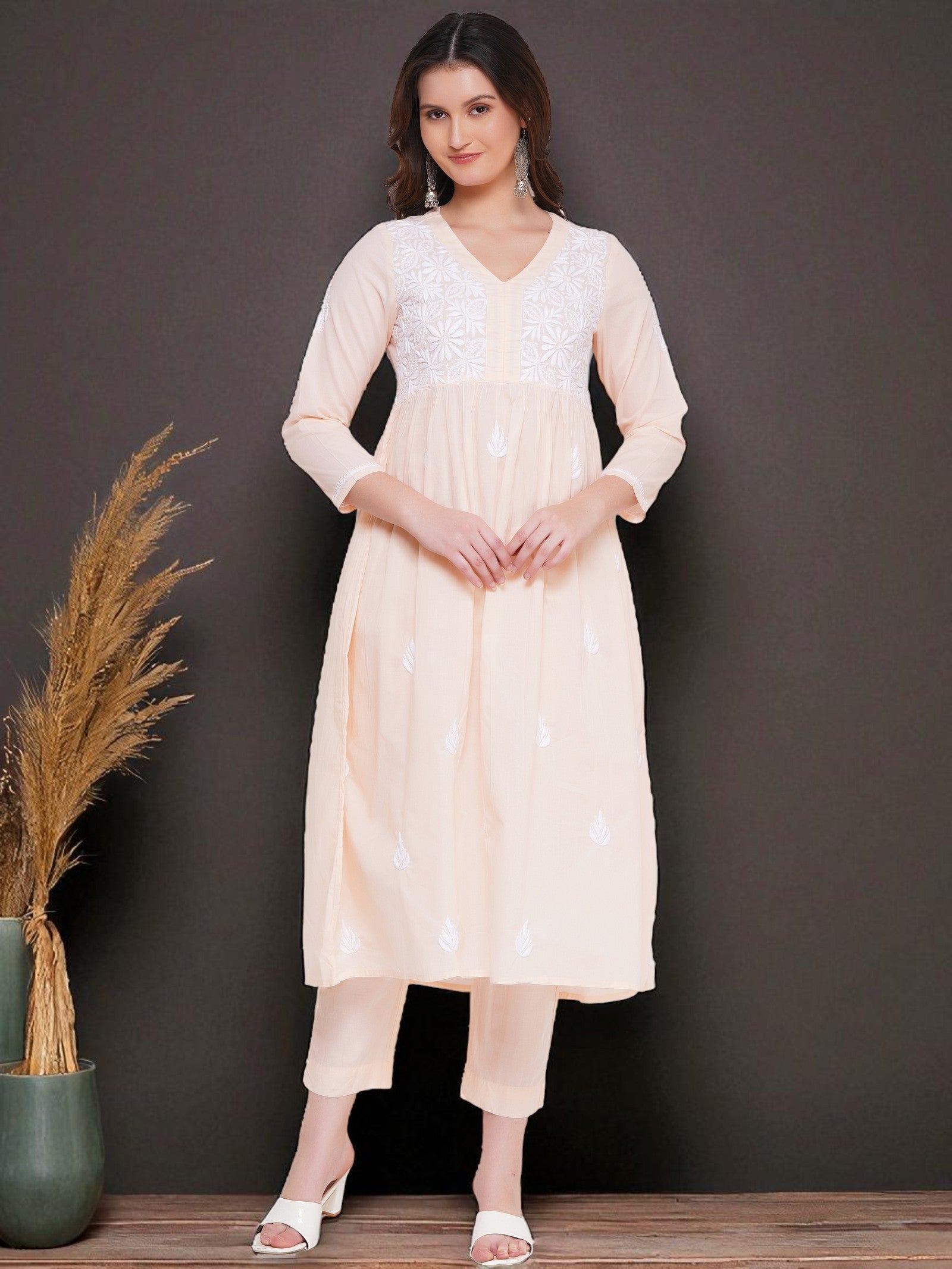 Peach Cotton Chikankari V-Neck Kurta for Women | 3/4 Sleeves | 46 Inch Length