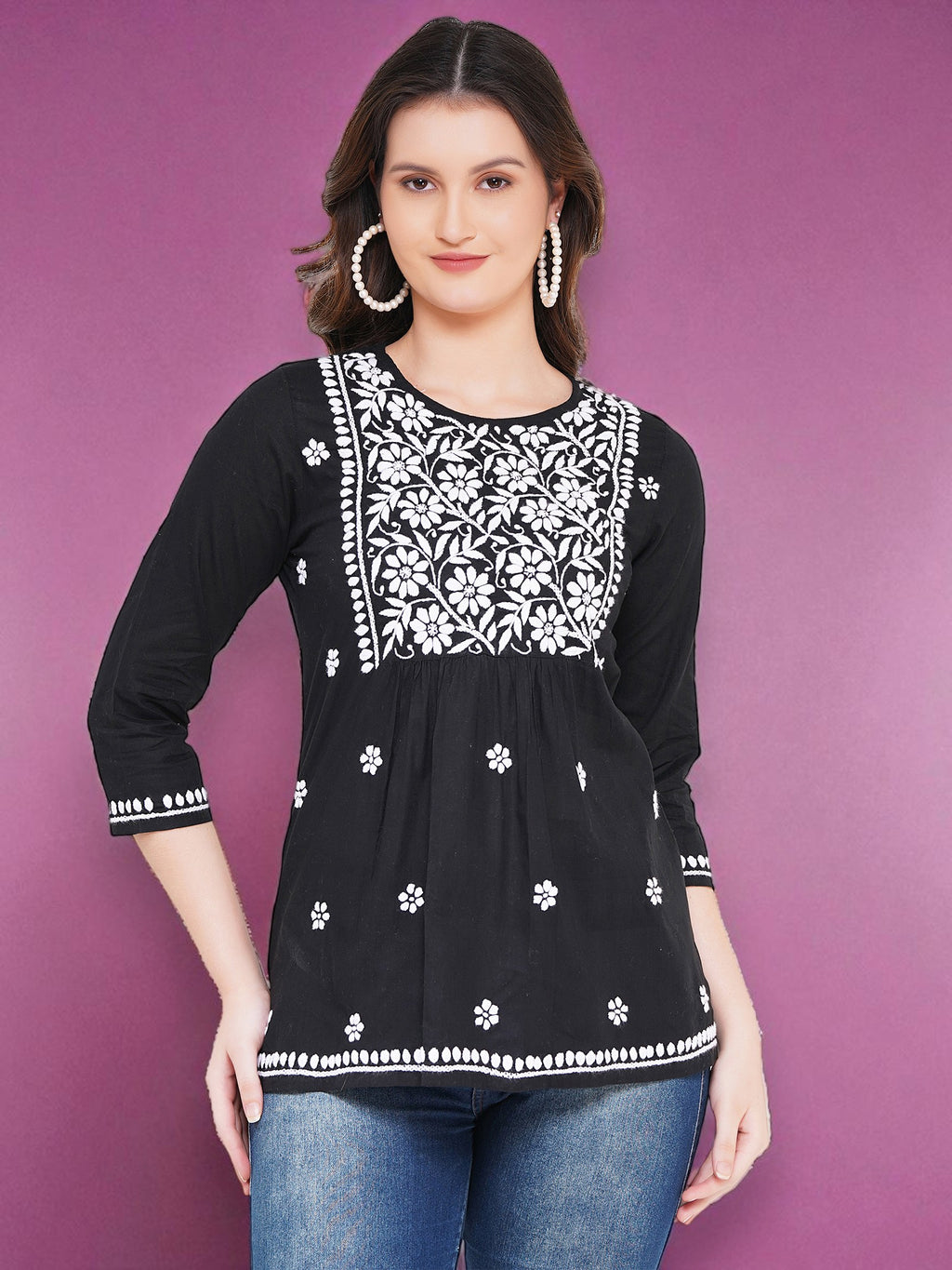 Women's Black Cotton Handcrafted Chikankari Straight Cut Tunic Top | Round Neck, 3/4 Sleeves, 27 Inches
