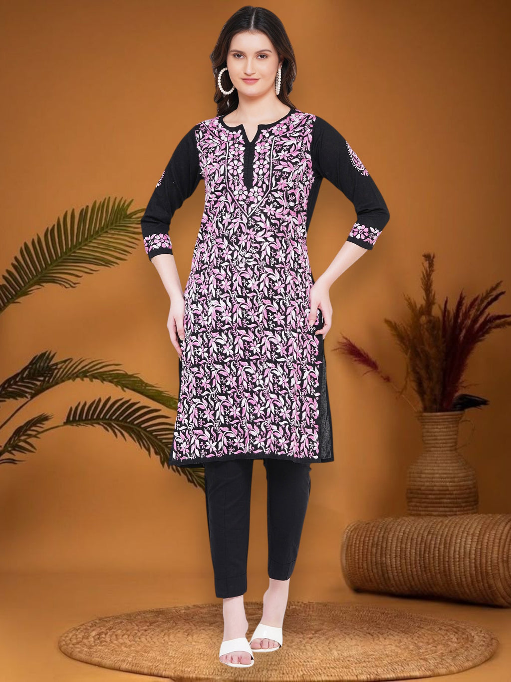 Women's Black Cotton Hand Embroidered Chikankari Straight Fit Kurta | Round Neck, 3/4 Sleeves, 43 Inches