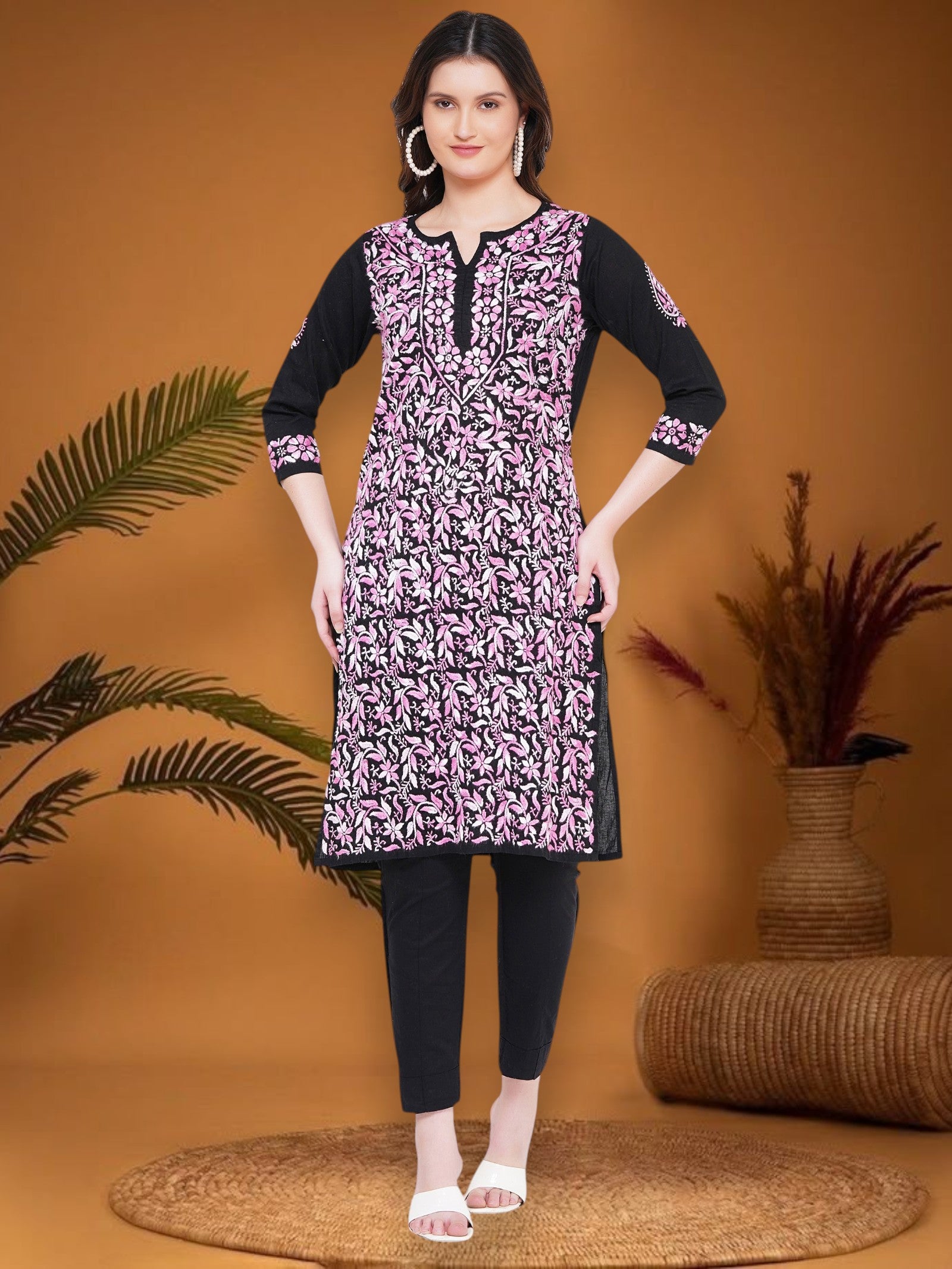Women's Black Cotton Hand Embroidered Chikankari Straight Fit Kurta | Round Neck, 3/4 Sleeves, 43 Inches