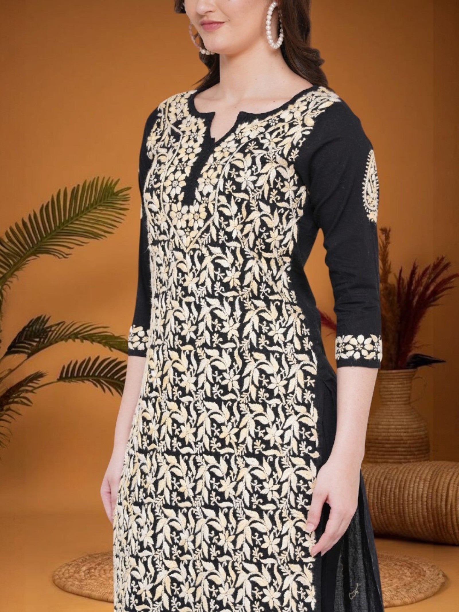 Women's Black/Yellow Cotton Hand Embroidered Chikankari Straight Fit Kurta | Round Neck, 3/4 Sleeves, 43 Inches