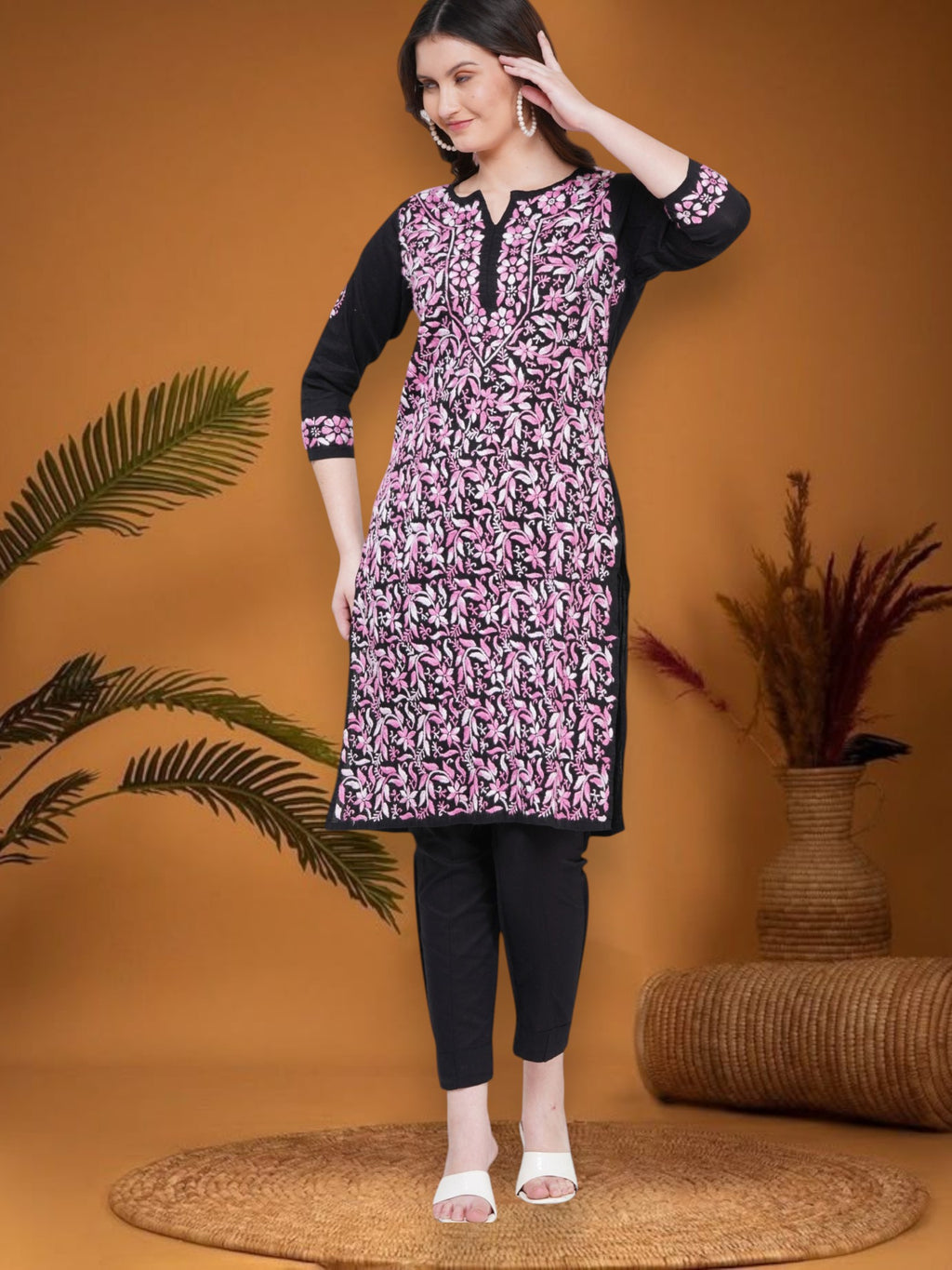 Women's Black Cotton Hand Embroidered Chikankari Straight Fit Kurta | Round Neck, 3/4 Sleeves, 43 Inches