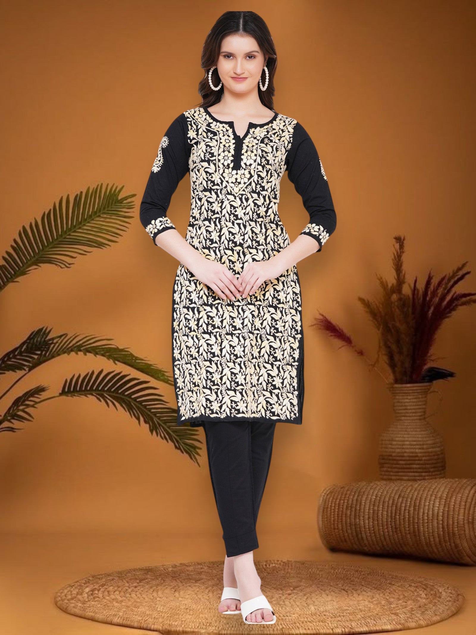 Women's Black/Yellow Cotton Hand Embroidered Chikankari Straight Fit Kurta | Round Neck, 3/4 Sleeves, 43 Inches