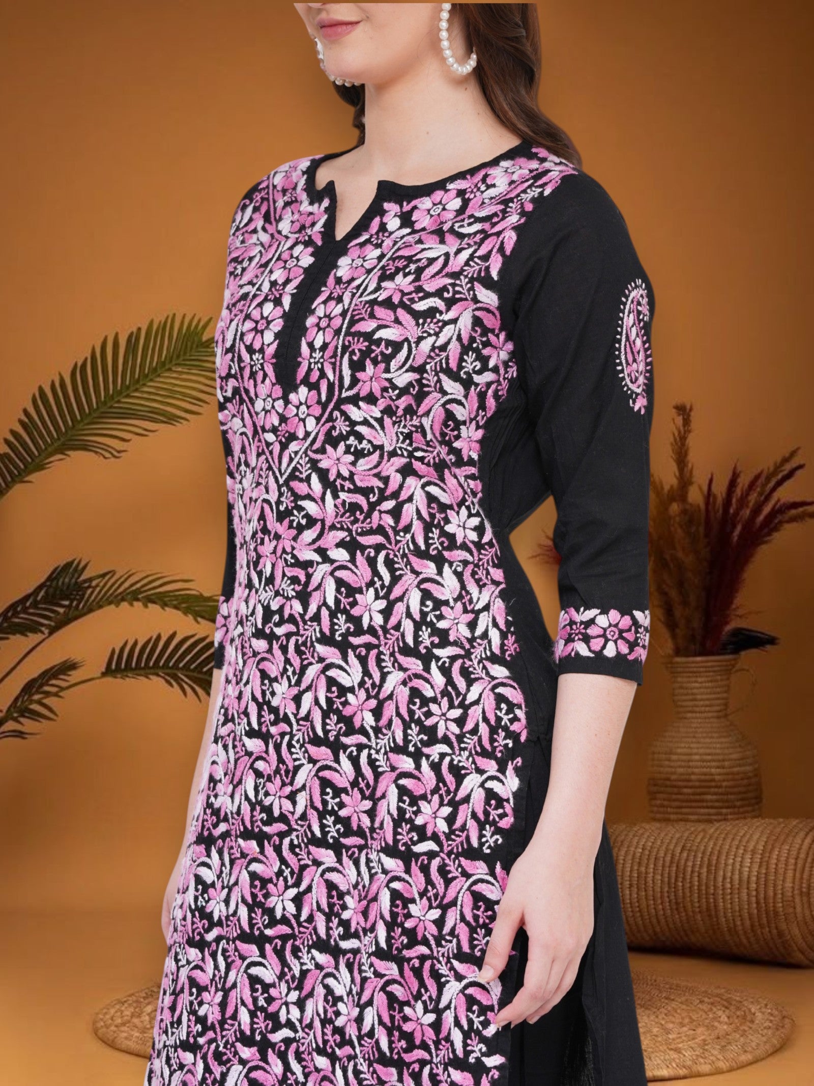 Women's Black Cotton Hand Embroidered Chikankari Straight Fit Kurta | Round Neck, 3/4 Sleeves, 43 Inches