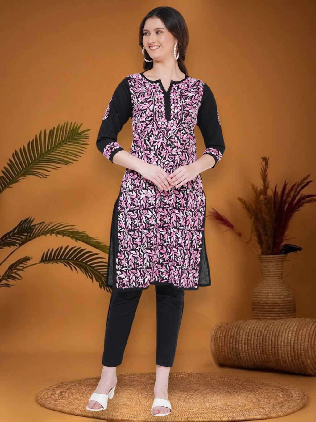 Women's Black Cotton Hand Embroidered Chikankari Straight Fit Kurta | Round Neck, 3/4 Sleeves, 43 Inches