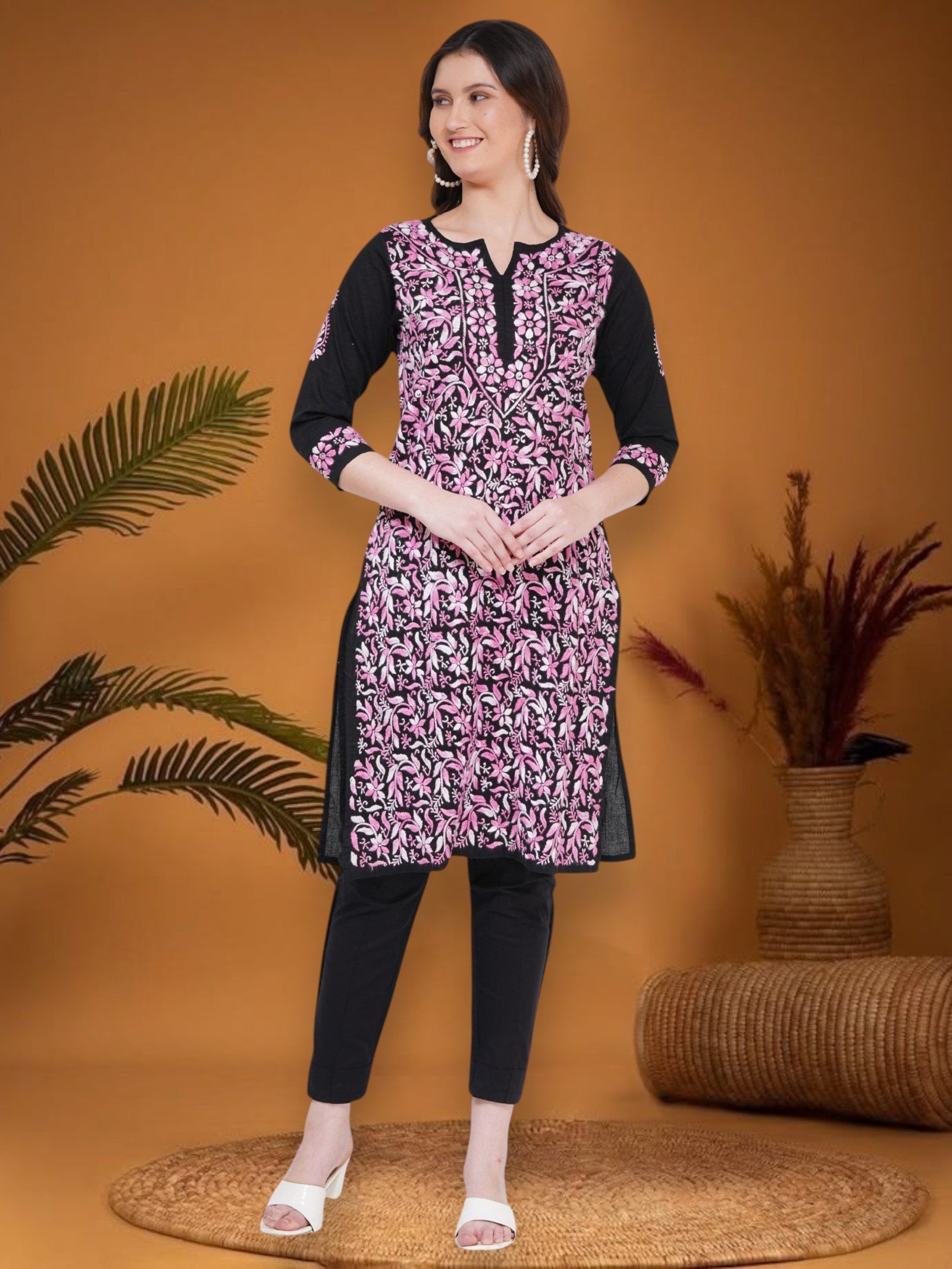 Women's Black Cotton Hand Embroidered Chikankari Straight Fit Kurta | Round Neck, 3/4 Sleeves, 43 Inches