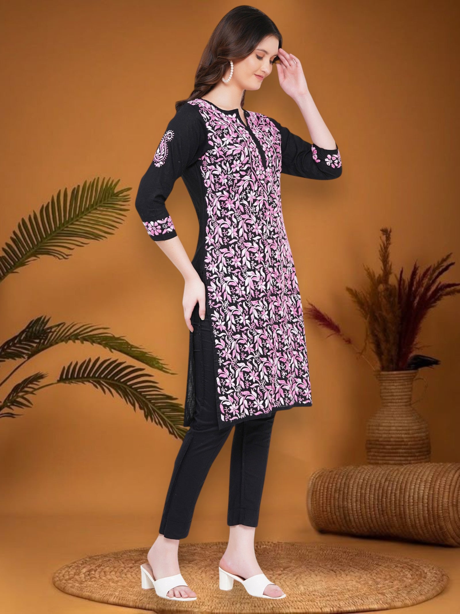 Women's Black Cotton Hand Embroidered Chikankari Straight Fit Kurta | Round Neck, 3/4 Sleeves, 43 Inches