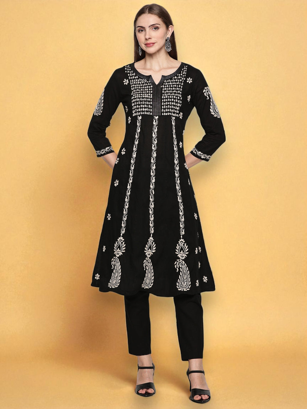 Women’s Black Cotton Hand-Embroidered Chikankari Kurti – Round Neck, 3/4 Sleeves, 45 Inches