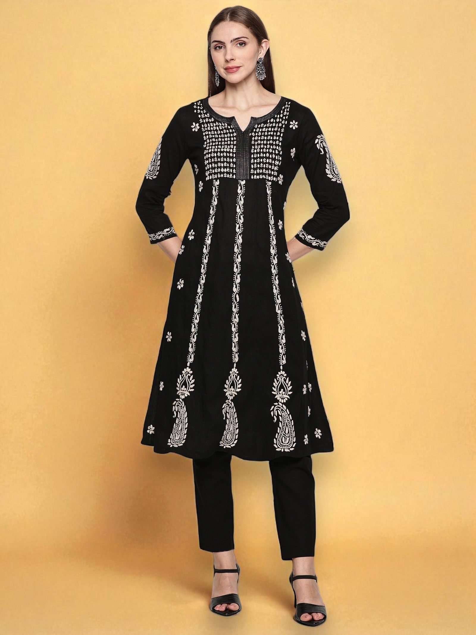 Women’s Black Cotton Hand-Embroidered Chikankari Kurti – Round Neck, 3/4 Sleeves, 45 Inches