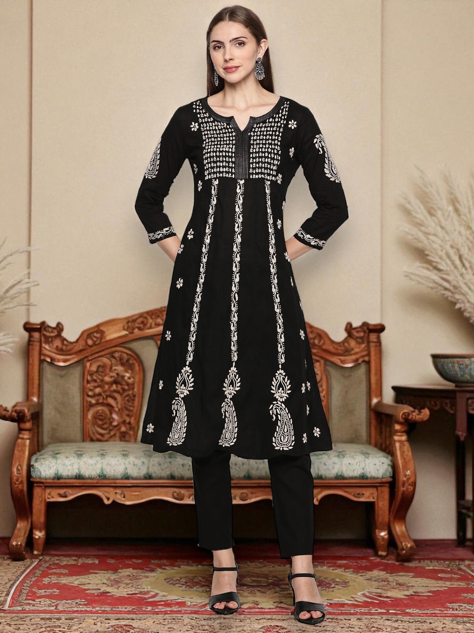 Women’s Black Cotton Hand-Embroidered Chikankari Kurti – Round Neck, 3/4 Sleeves, 45 Inches