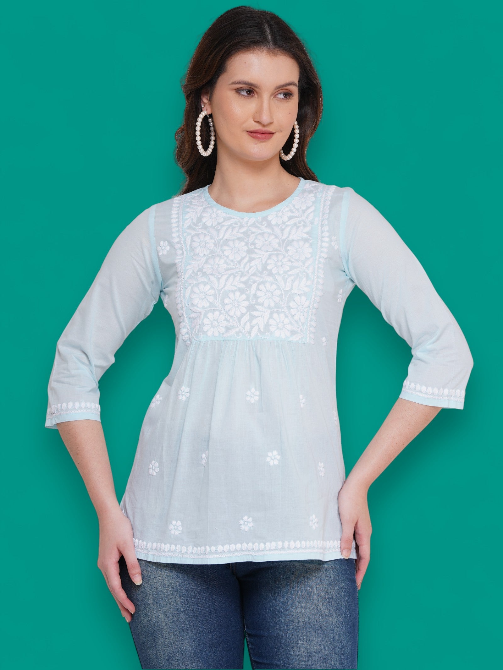 Women's Light Blue Cotton Handcrafted Chikankari Straight Cut Tunic Top | Round Neck, 3/4 Sleeves, 27 Inches