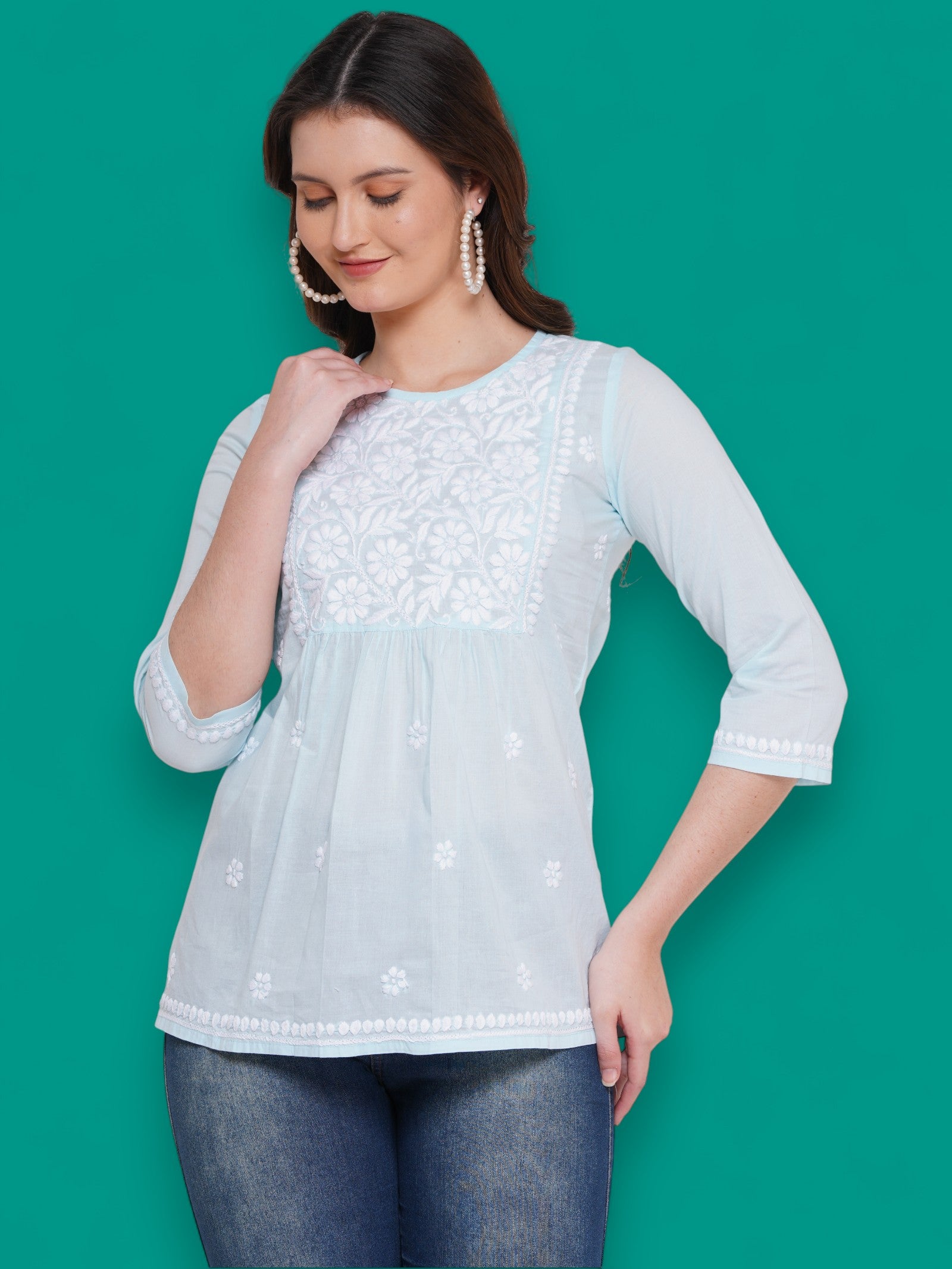 Women's Light Blue Cotton Handcrafted Chikankari Straight Cut Tunic Top | Round Neck, 3/4 Sleeves, 27 Inches
