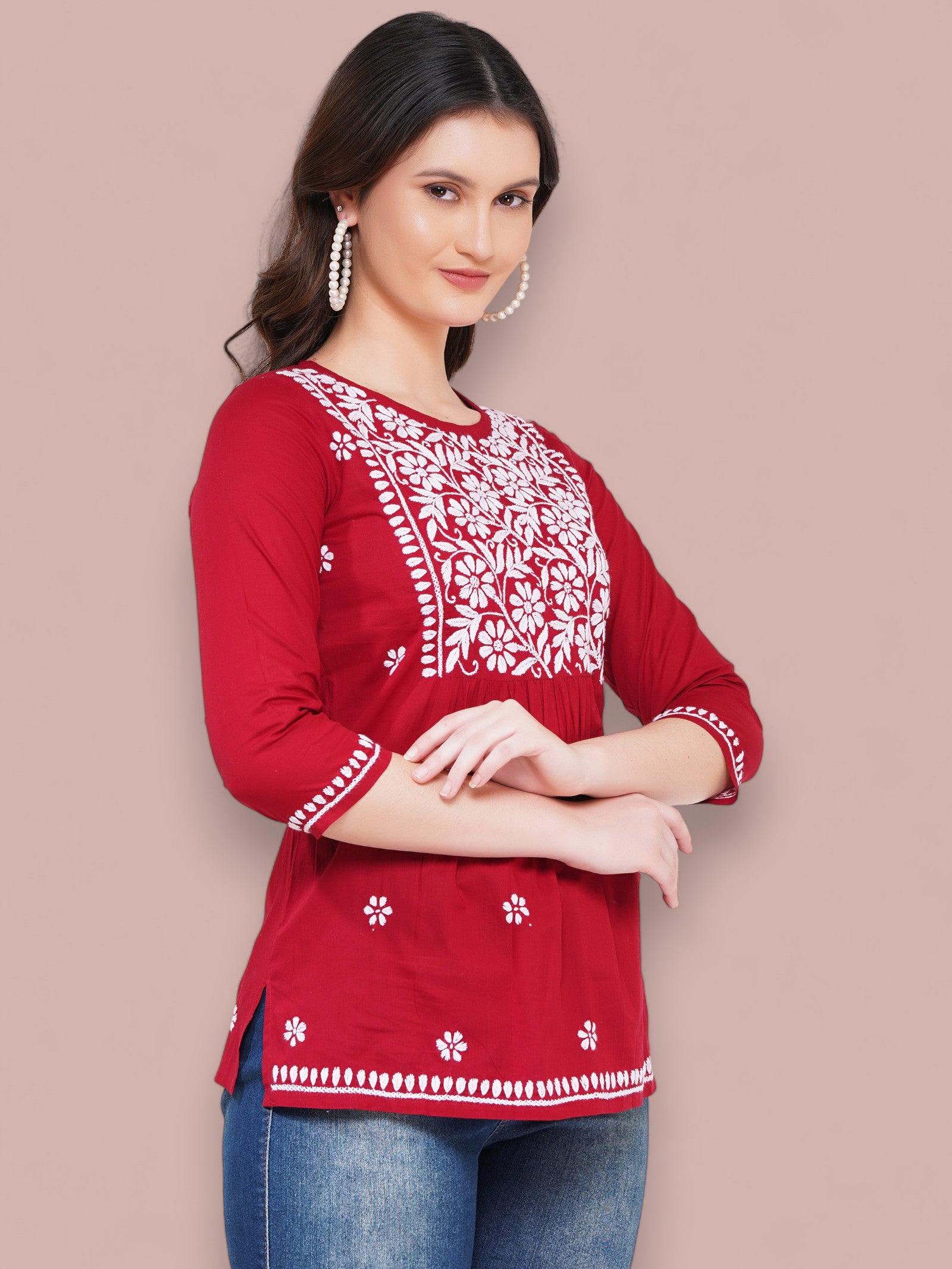 Maroon Cotton Handcrafted Chikankari Straight Cut Tunic Top