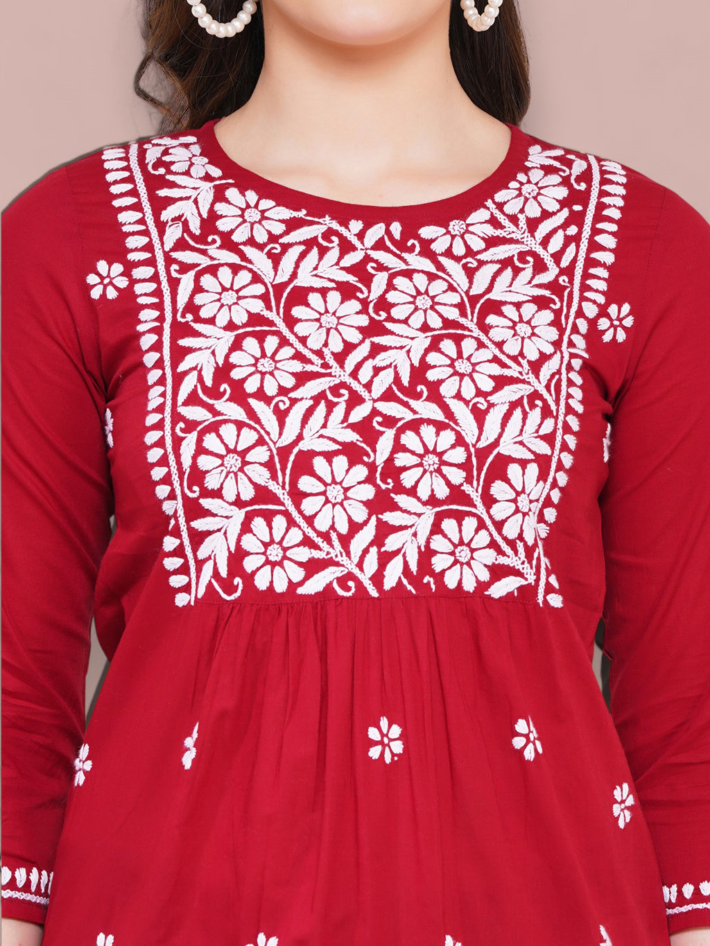 Maroon Cotton Handcrafted Chikankari Straight Cut Tunic Top
