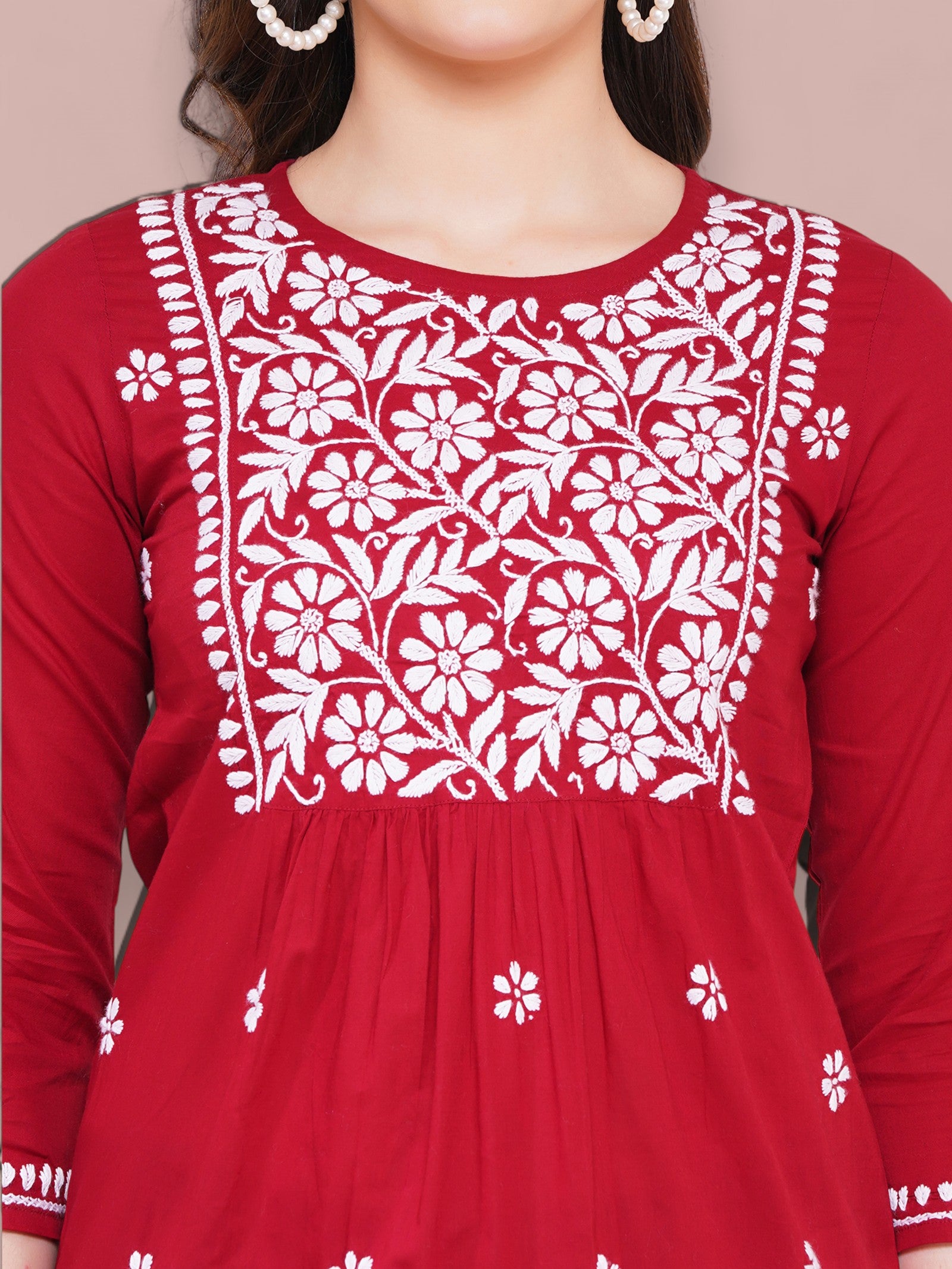 Maroon Cotton Handcrafted Chikankari Straight Cut Tunic Top