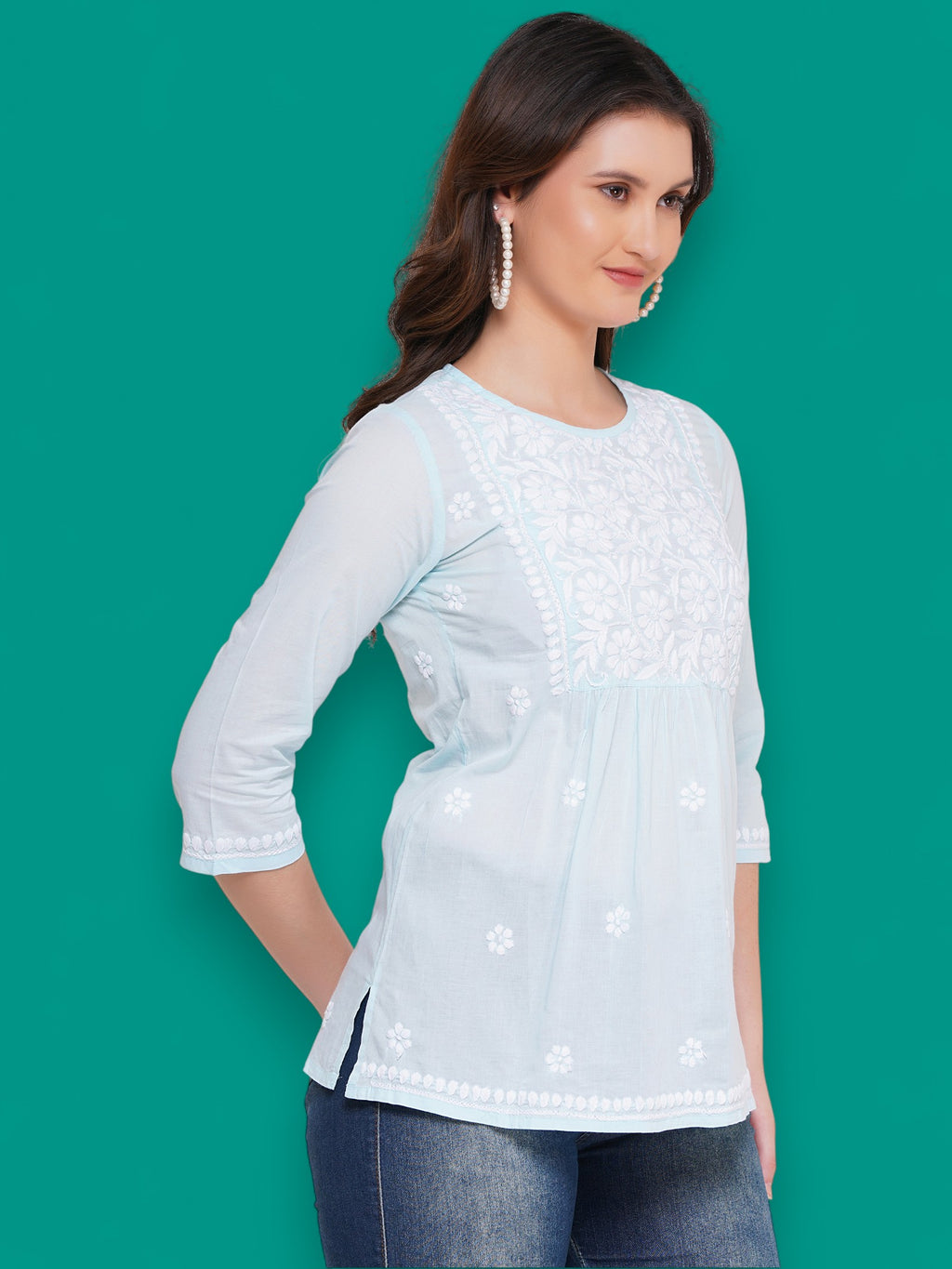 Women's Light Blue Cotton Handcrafted Chikankari Straight Cut Tunic Top | Round Neck, 3/4 Sleeves, 27 Inches