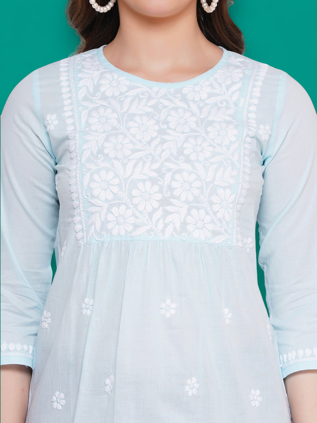 Women's Light Blue Cotton Handcrafted Chikankari Straight Cut Tunic Top | Round Neck, 3/4 Sleeves, 27 Inches