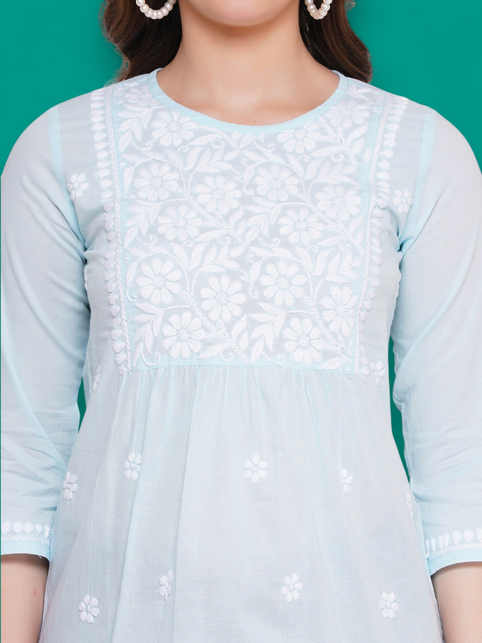 Women's Light Blue Cotton Handcrafted Chikankari Straight Cut Tunic Top | Round Neck, 3/4 Sleeves, 27 Inches