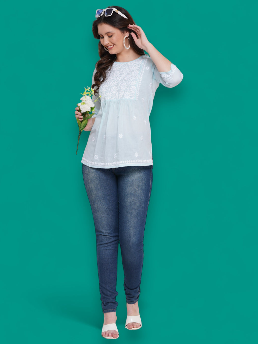 Women's Light Blue Cotton Handcrafted Chikankari Straight Cut Tunic Top | Round Neck, 3/4 Sleeves, 27 Inches