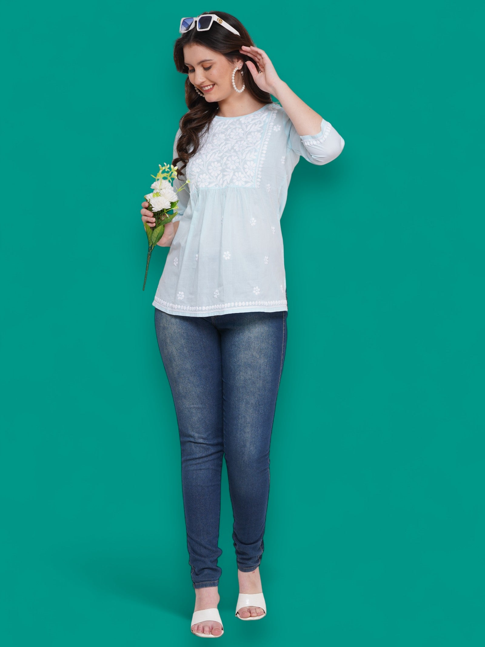 Women's Light Blue Cotton Handcrafted Chikankari Straight Cut Tunic Top | Round Neck, 3/4 Sleeves, 27 Inches