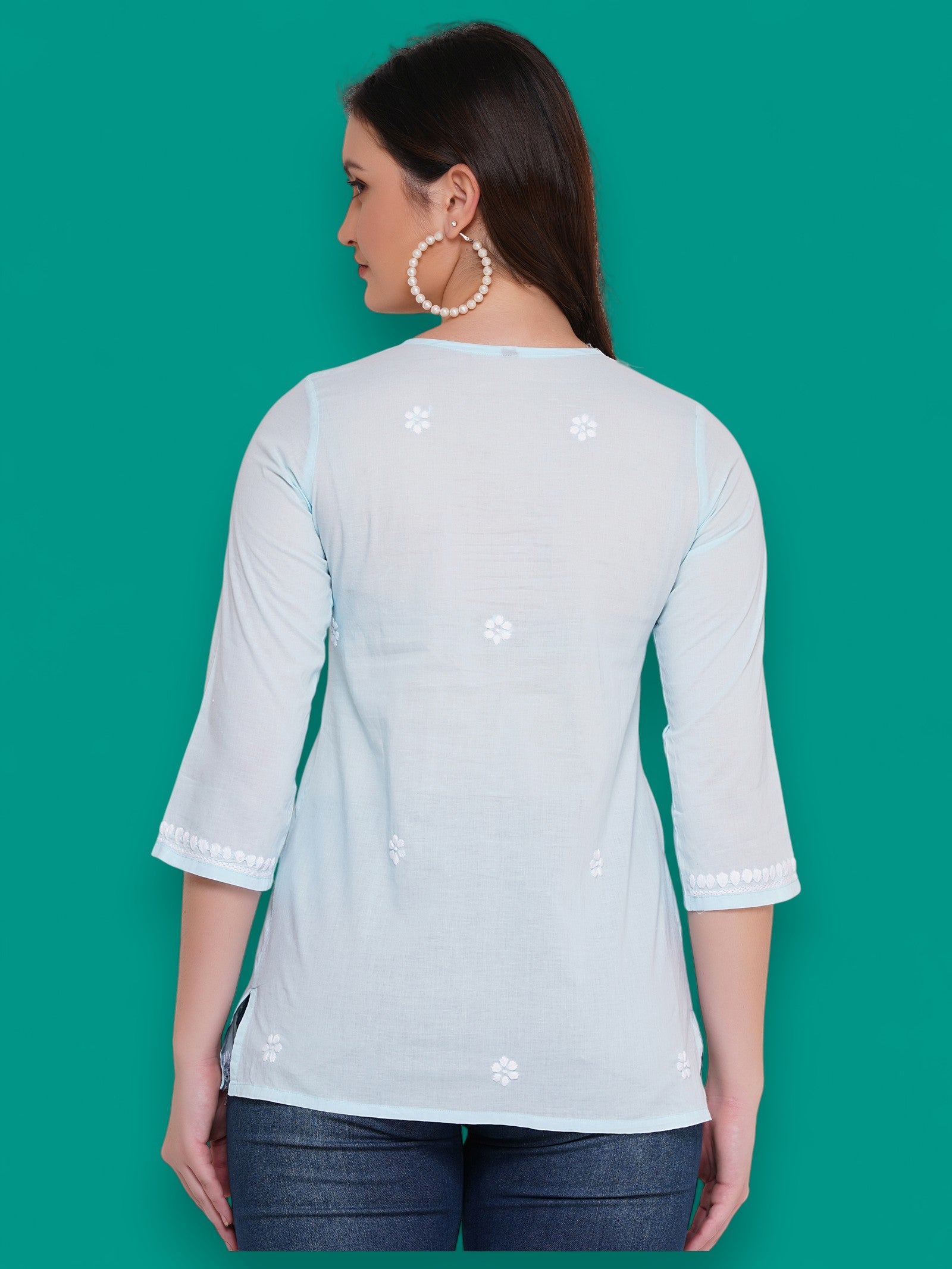 Women's Light Blue Cotton Handcrafted Chikankari Straight Cut Tunic Top | Round Neck, 3/4 Sleeves, 27 Inches