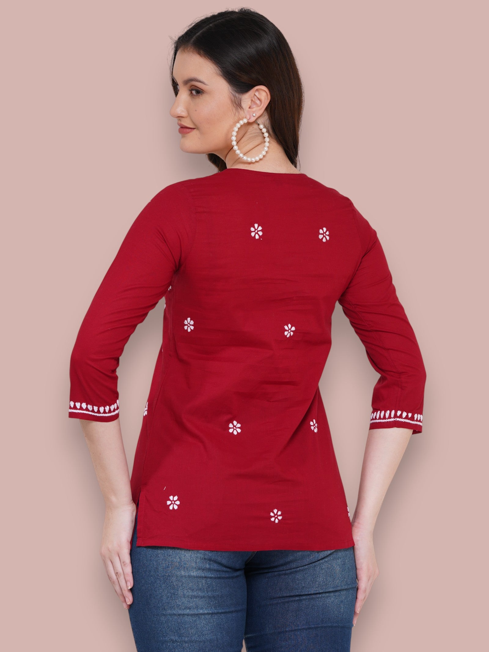 Maroon Cotton Handcrafted Chikankari Straight Cut Tunic Top