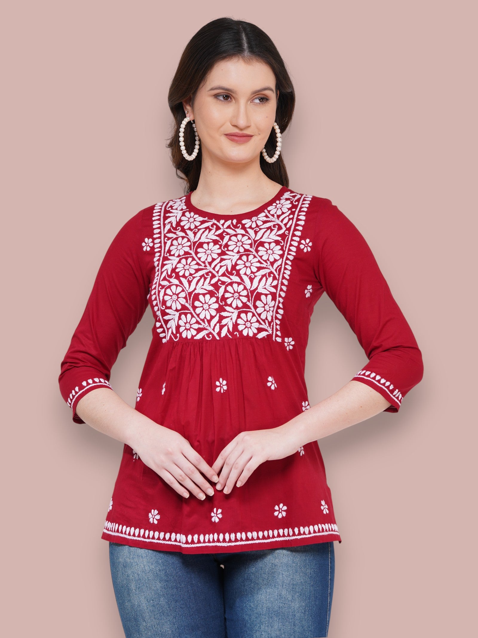 Maroon Cotton Handcrafted Chikankari Straight Cut Tunic Top