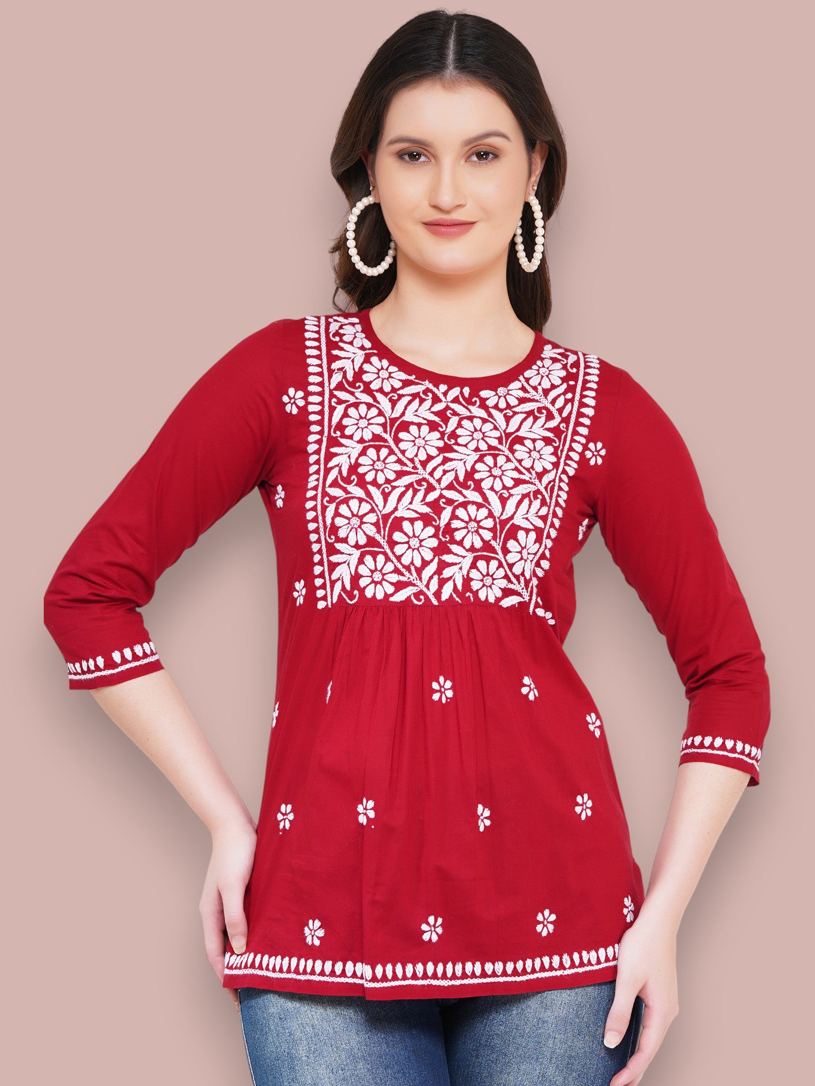 Maroon Cotton Handcrafted Chikankari Straight Cut Tunic Top