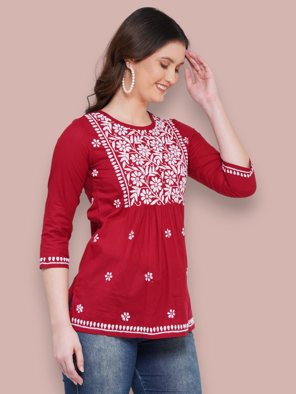 Maroon Cotton Handcrafted Chikankari Straight Cut Tunic Top