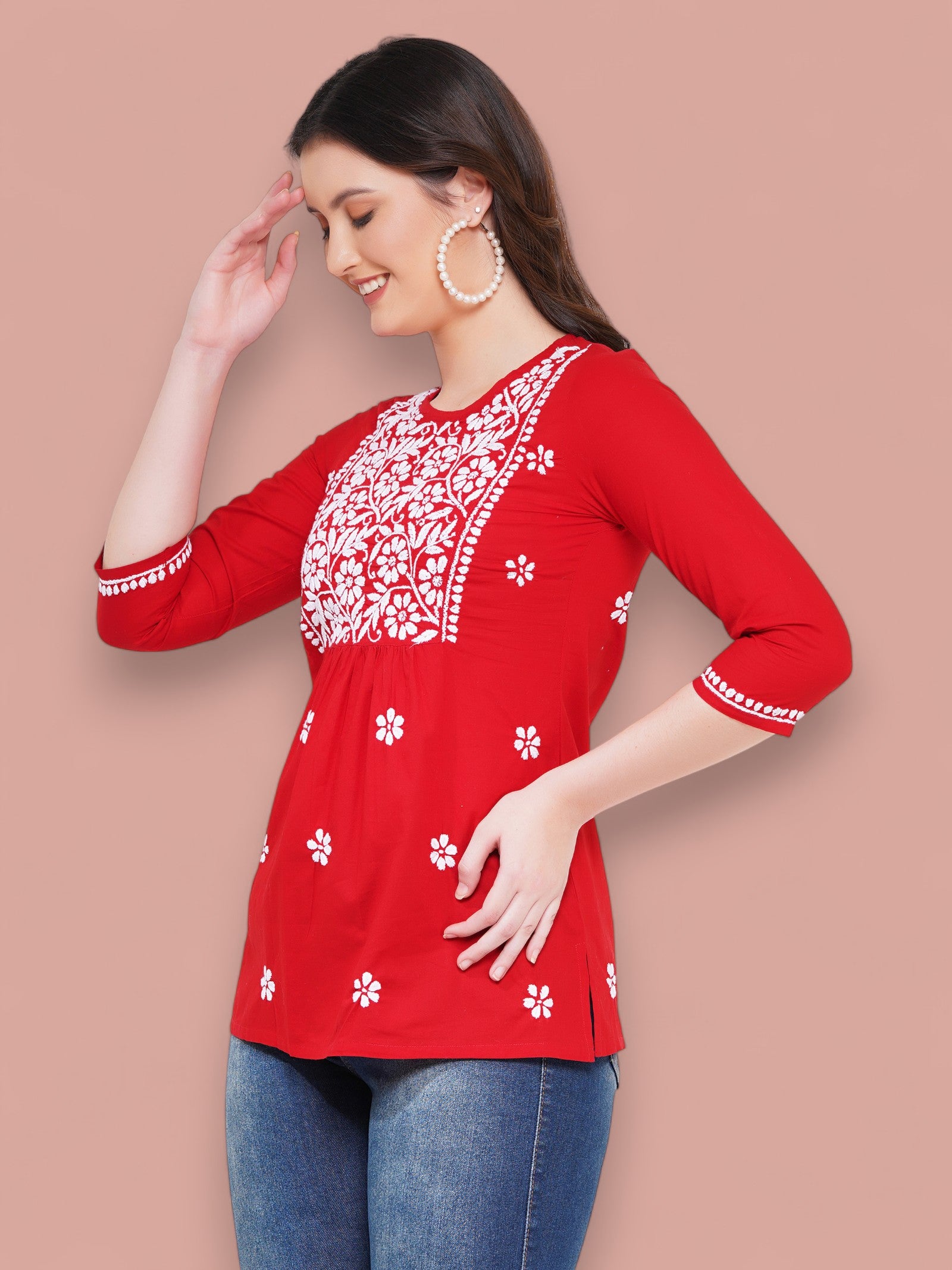 Women's Red Cotton Handcrafted Chikankari Straight Cut Tunic Top | Round Neck, 3/4 Sleeves, 27 Inches