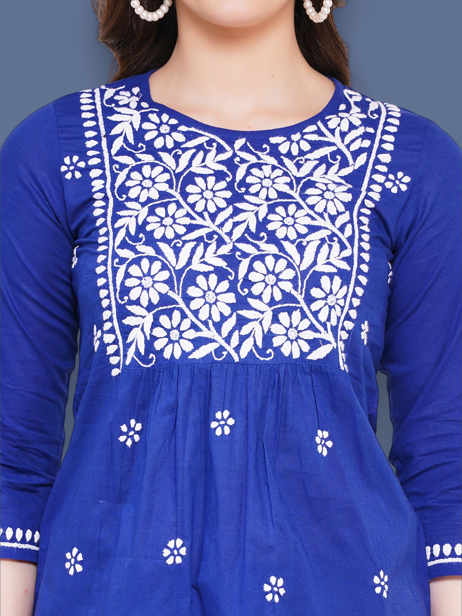 Women's Royal BlueCotton Handcrafted Chikankari Straight Cut Tunic Top | Round Neck, 3/4 Sleeves, 27 Inches