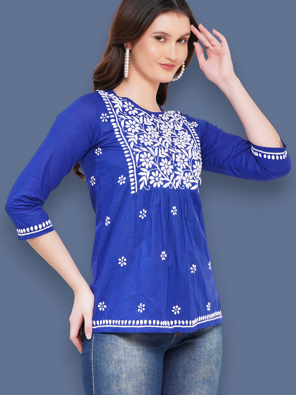 Women's Royal BlueCotton Handcrafted Chikankari Straight Cut Tunic Top | Round Neck, 3/4 Sleeves, 27 Inches