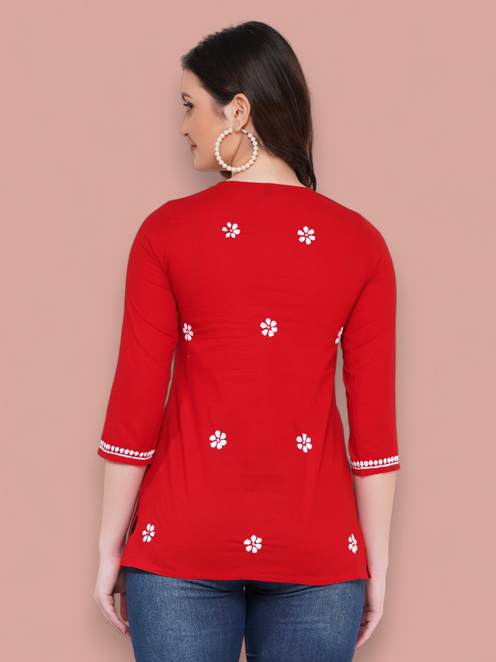 Women's Red Cotton Handcrafted Chikankari Straight Cut Tunic Top | Round Neck, 3/4 Sleeves, 27 Inches