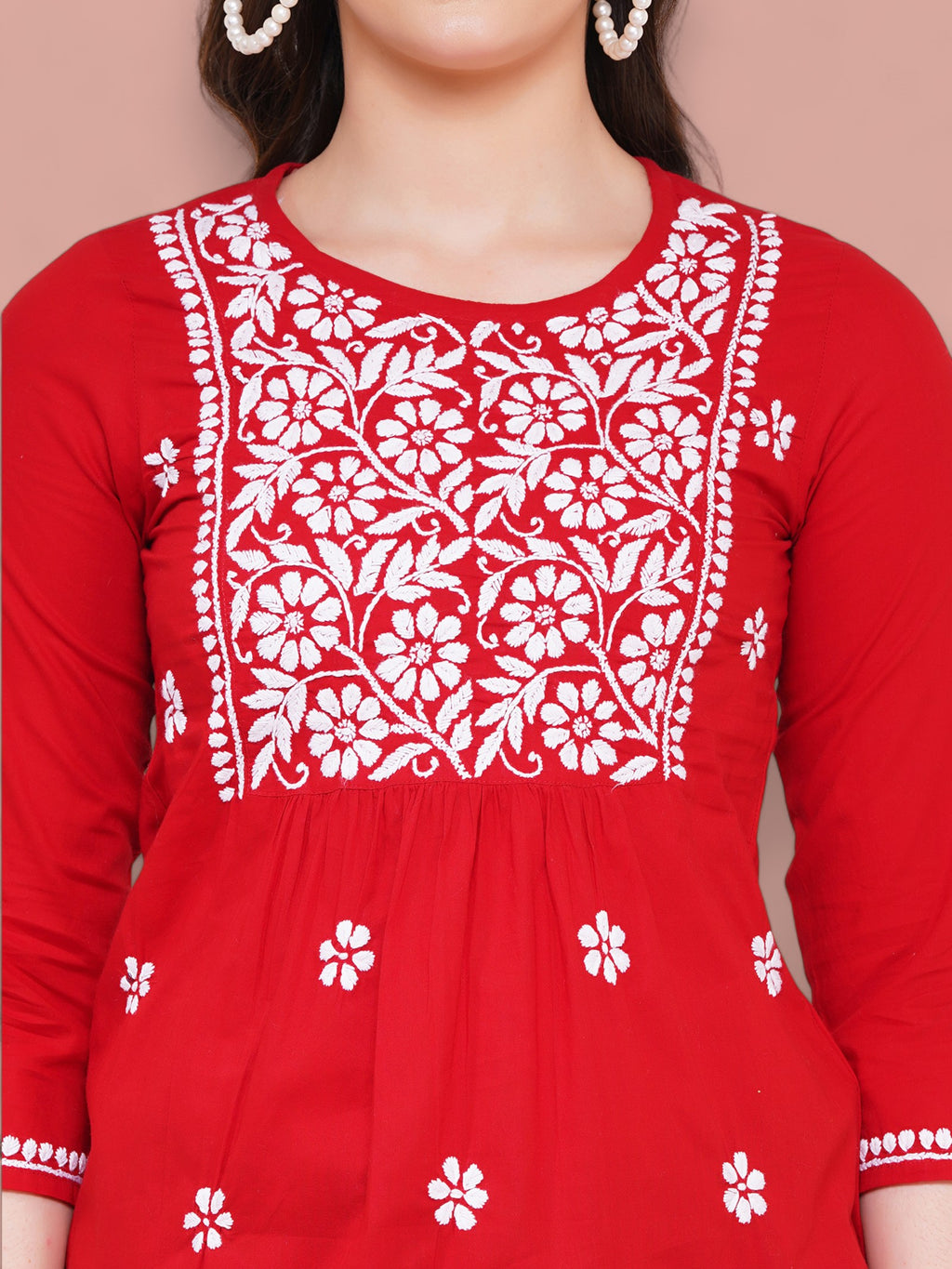 Women's Red Cotton Handcrafted Chikankari Straight Cut Tunic Top | Round Neck, 3/4 Sleeves, 27 Inches