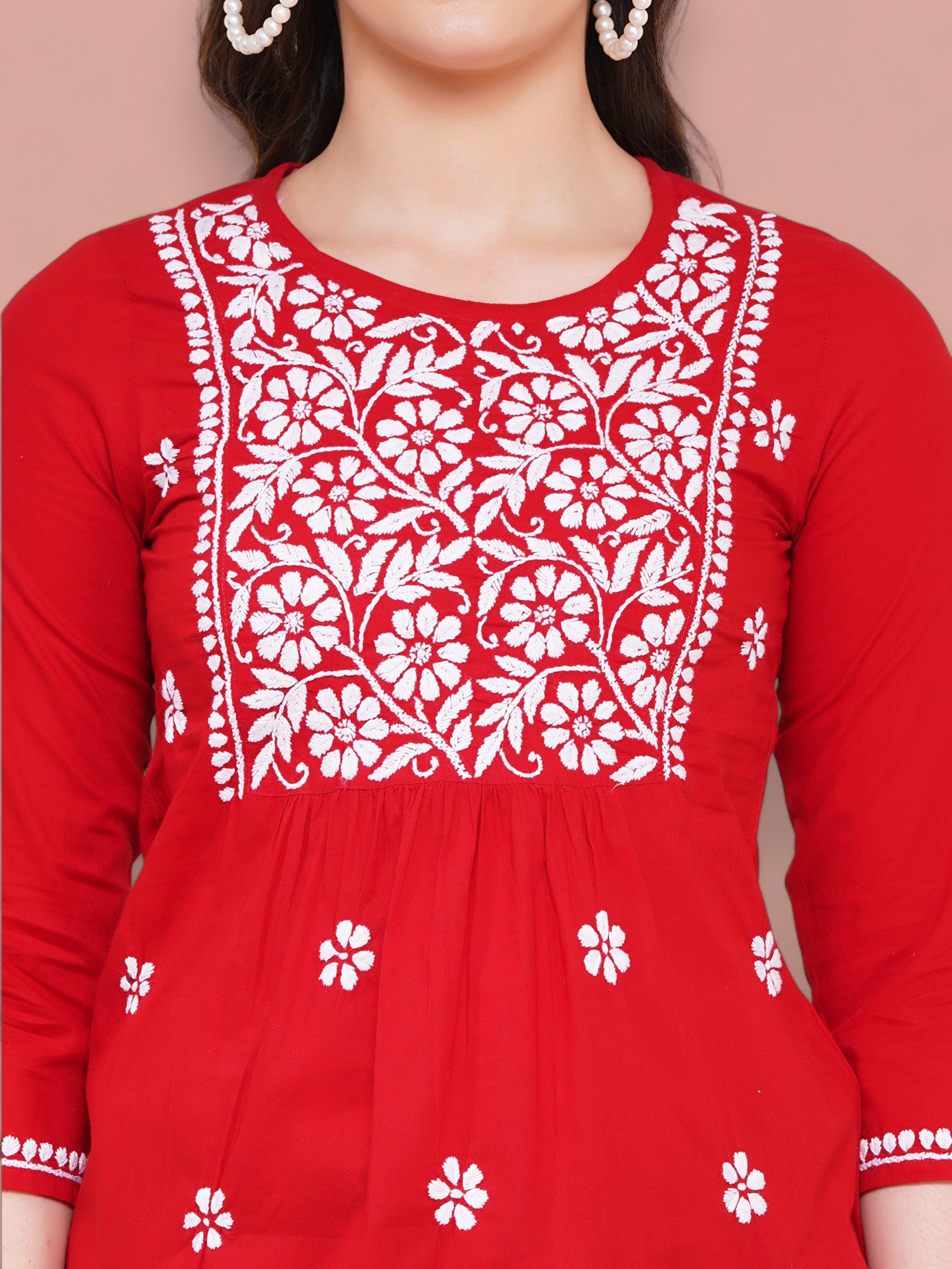 Women's Red Cotton Handcrafted Chikankari Straight Cut Tunic Top | Round Neck, 3/4 Sleeves, 27 Inches