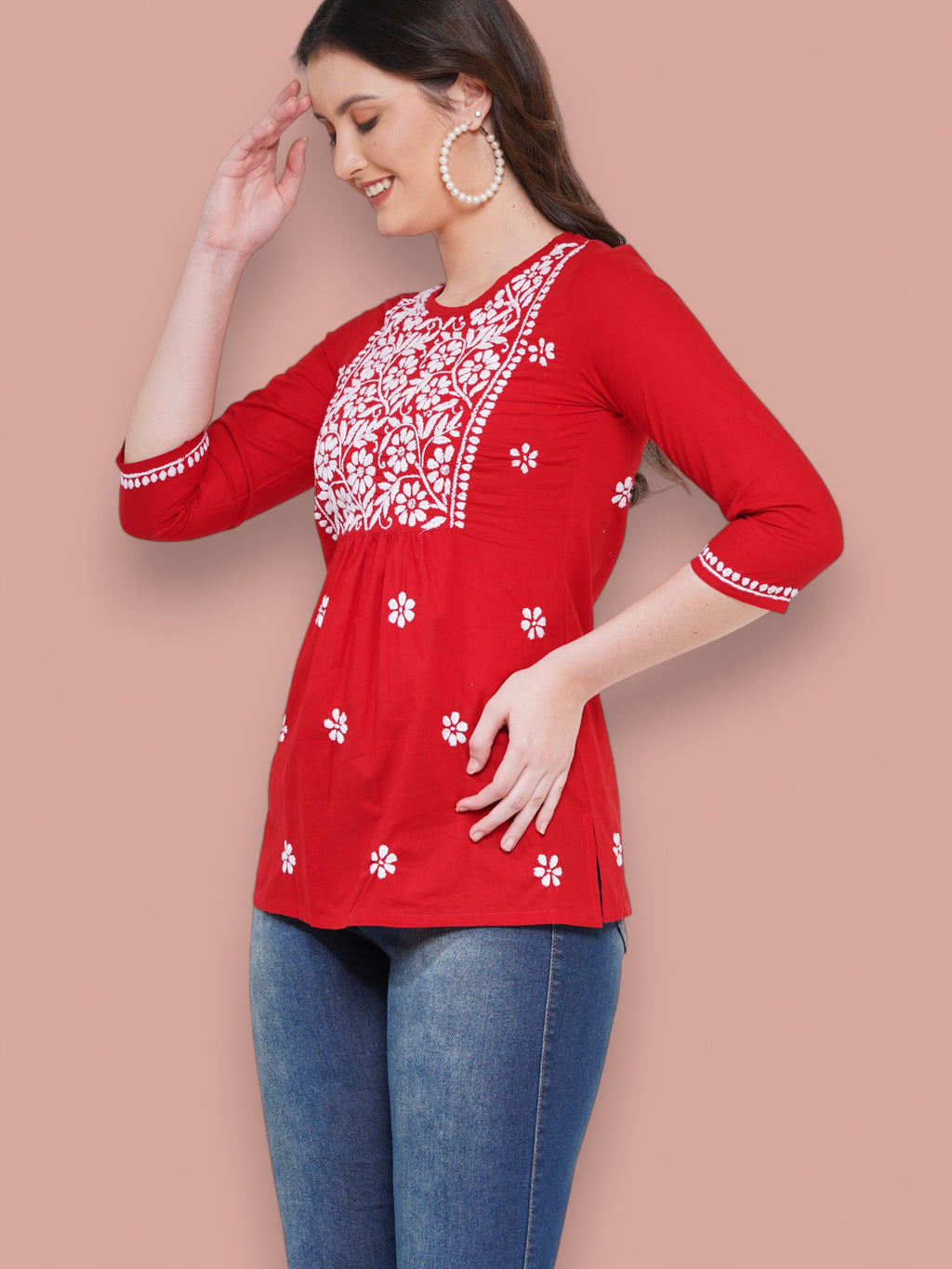 Women's Red Cotton Handcrafted Chikankari Straight Cut Tunic Top | Round Neck, 3/4 Sleeves, 27 Inches