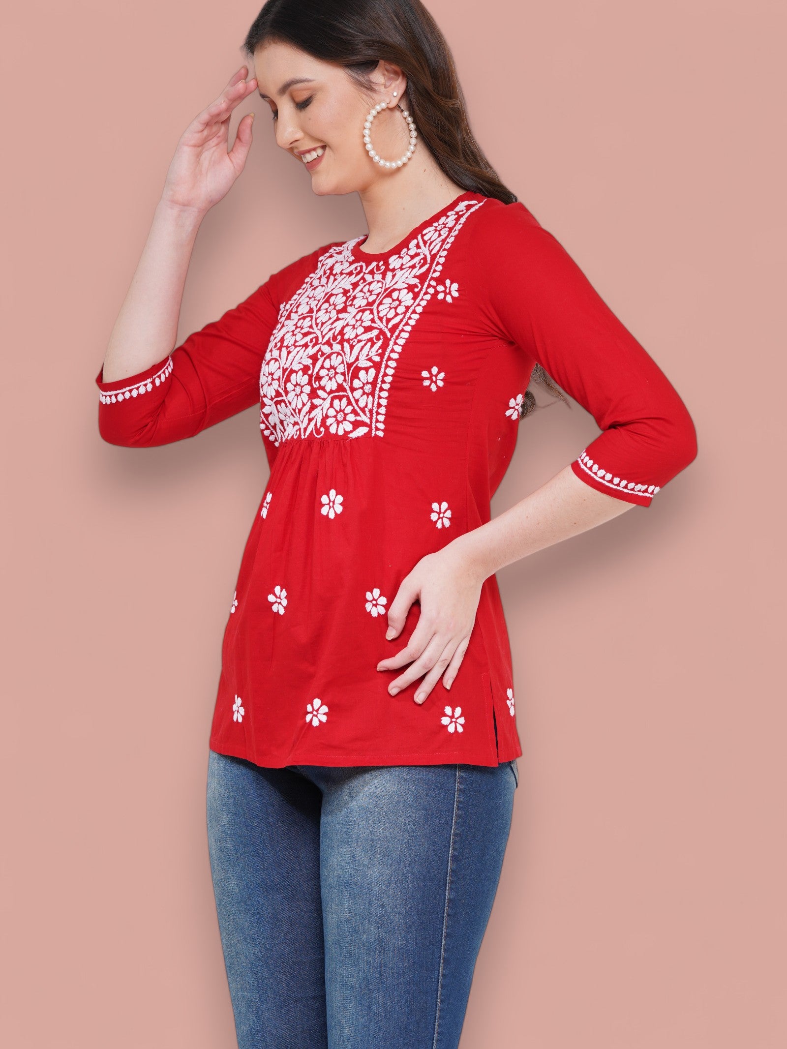 Women's Red Cotton Handcrafted Chikankari Straight Cut Tunic Top | Round Neck, 3/4 Sleeves, 27 Inches