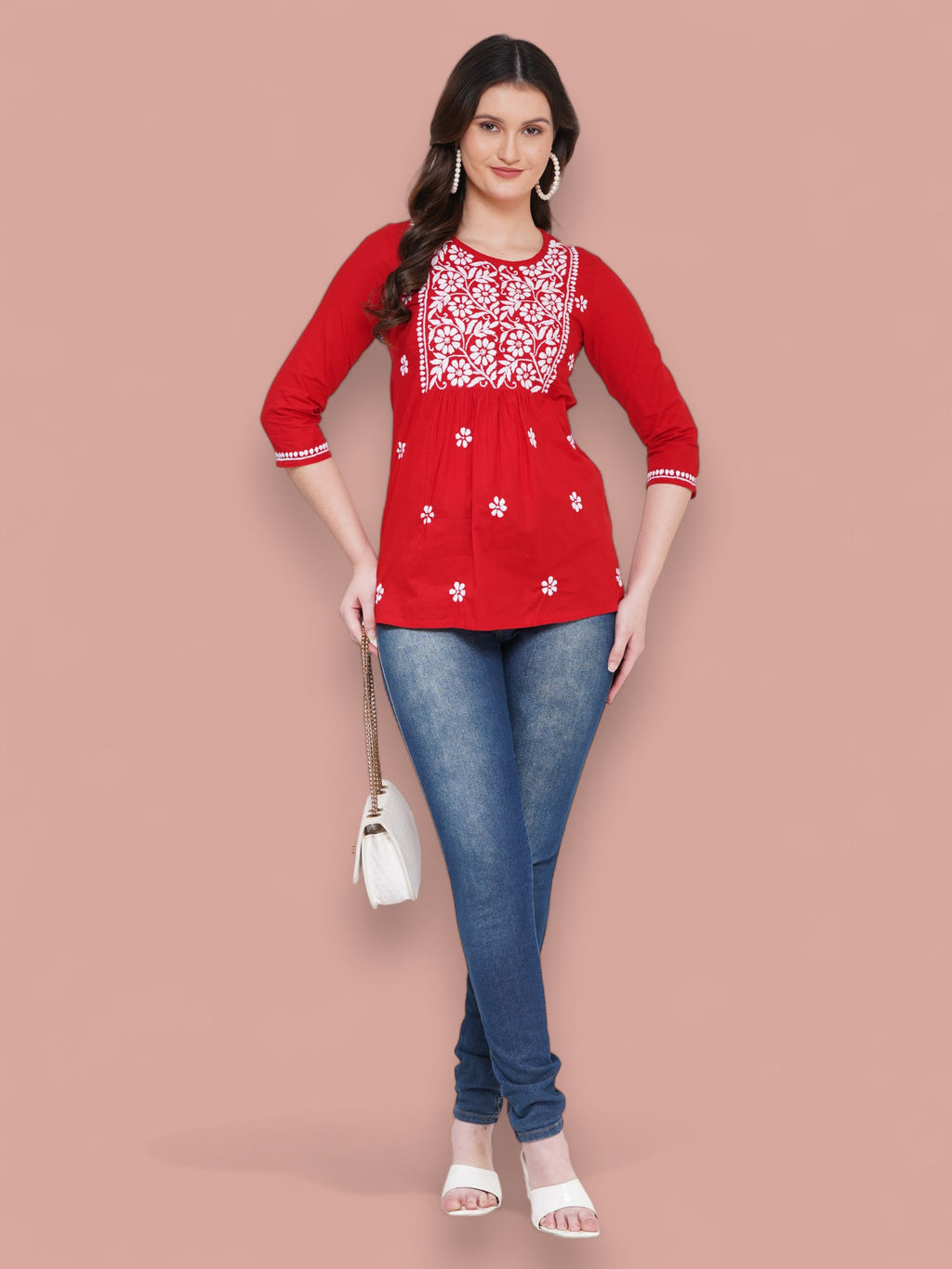 Women's Red Cotton Handcrafted Chikankari Straight Cut Tunic Top | Round Neck, 3/4 Sleeves, 27 Inches