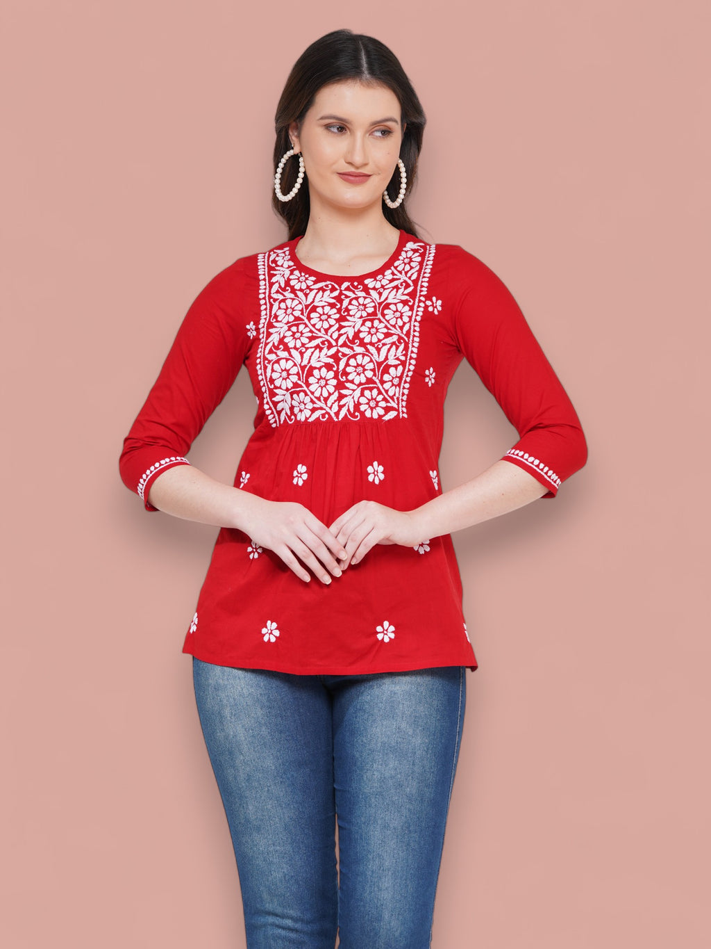 Women's Red Cotton Handcrafted Chikankari Straight Cut Tunic Top | Round Neck, 3/4 Sleeves, 27 Inches