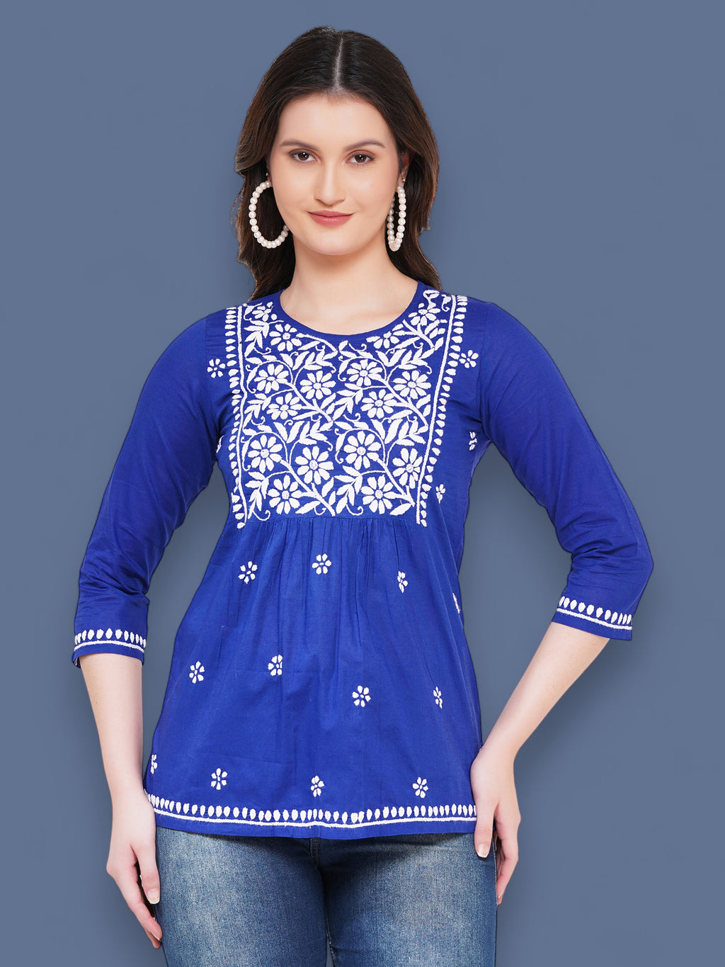 Women's Royal BlueCotton Handcrafted Chikankari Straight Cut Tunic Top | Round Neck, 3/4 Sleeves, 27 Inches