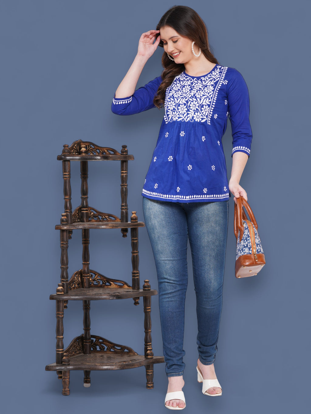 Women's Royal BlueCotton Handcrafted Chikankari Straight Cut Tunic Top | Round Neck, 3/4 Sleeves, 27 Inches
