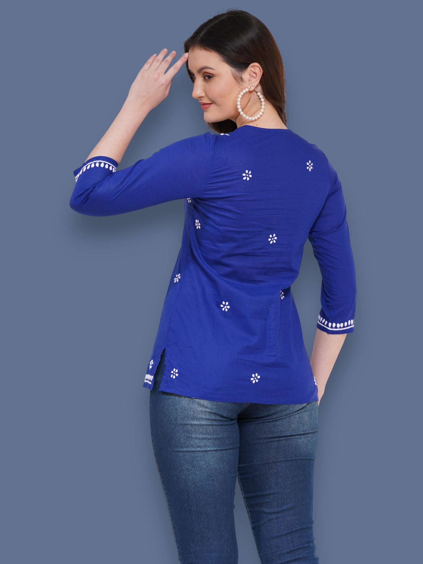 Women's Royal BlueCotton Handcrafted Chikankari Straight Cut Tunic Top | Round Neck, 3/4 Sleeves, 27 Inches