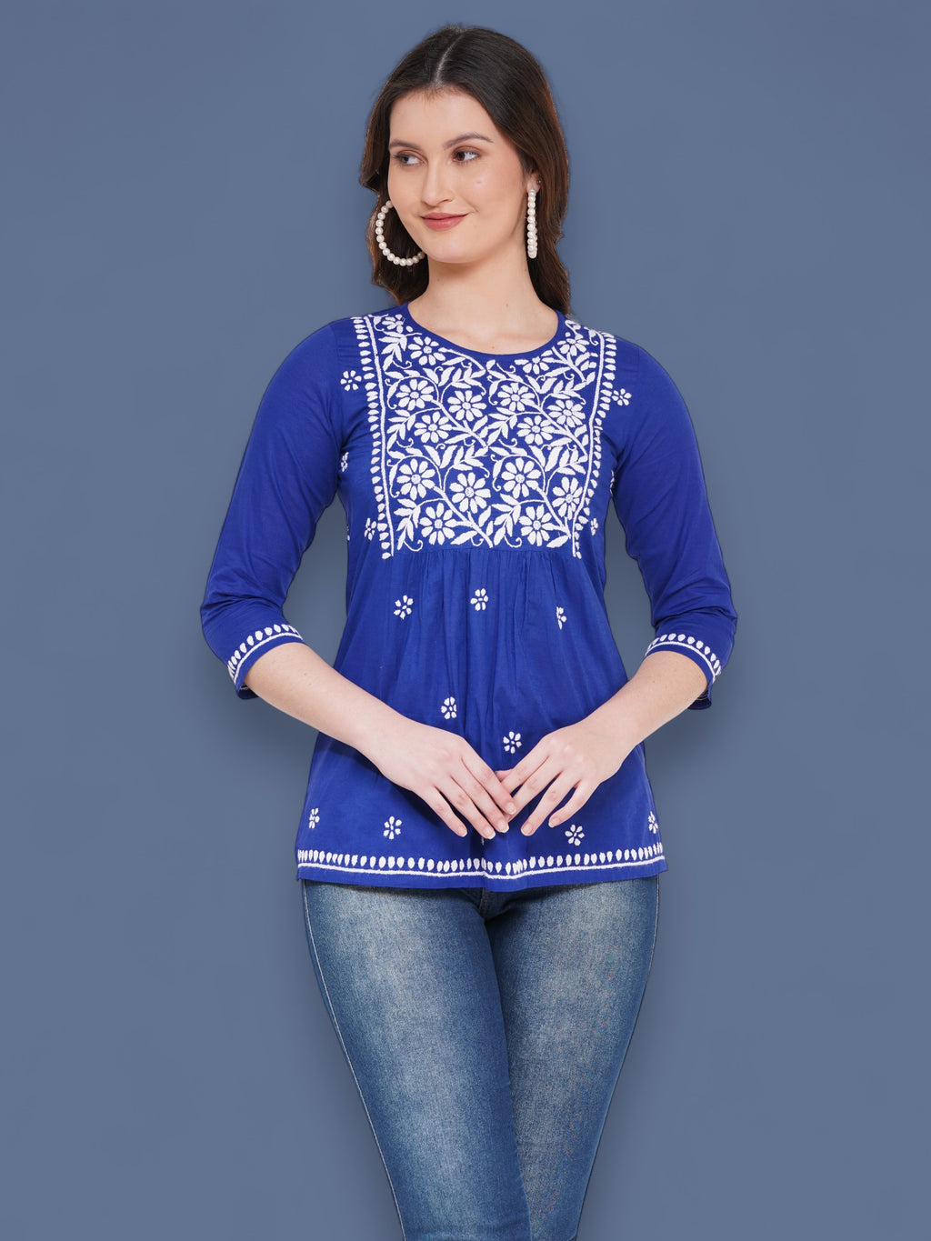 Women's Royal BlueCotton Handcrafted Chikankari Straight Cut Tunic Top | Round Neck, 3/4 Sleeves, 27 Inches